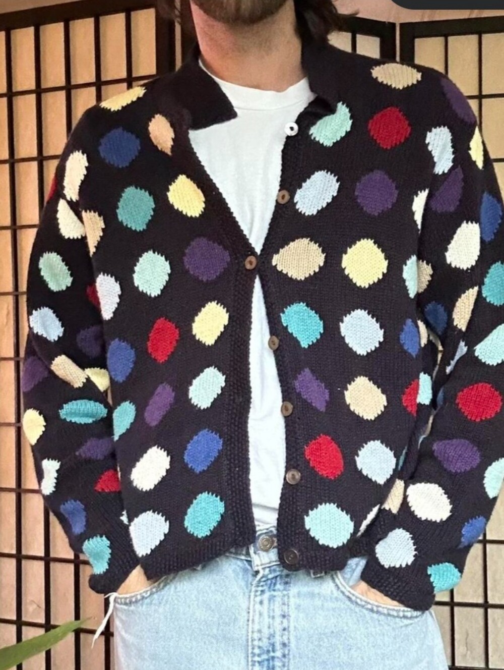 Vintage Talbots Hand Knit Linen Cotton Large Artsy Polka Dots Cardigan M